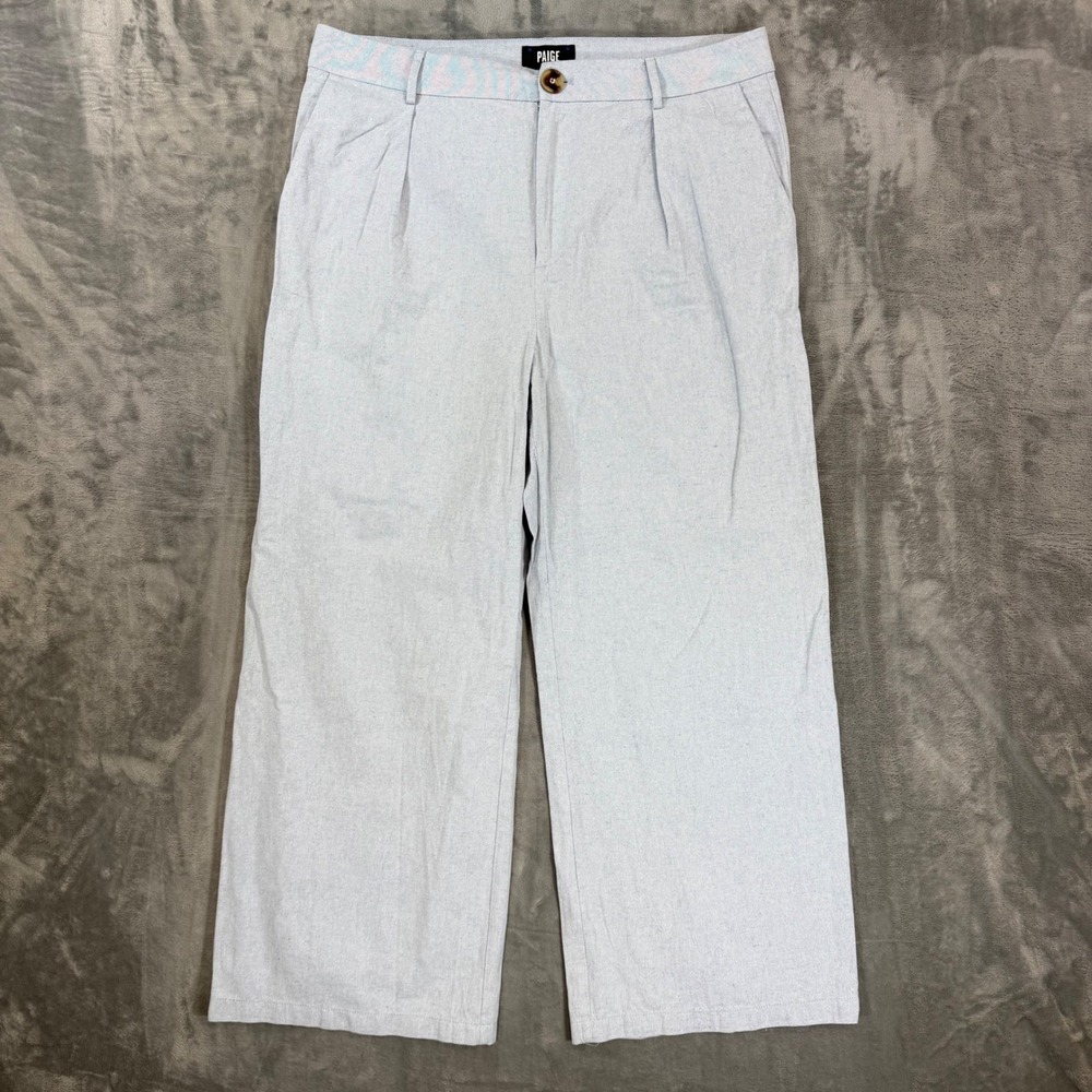 PAIGE Wide Leg Linen Pants Women's Size 14 Light Chambray Linen High Rise
